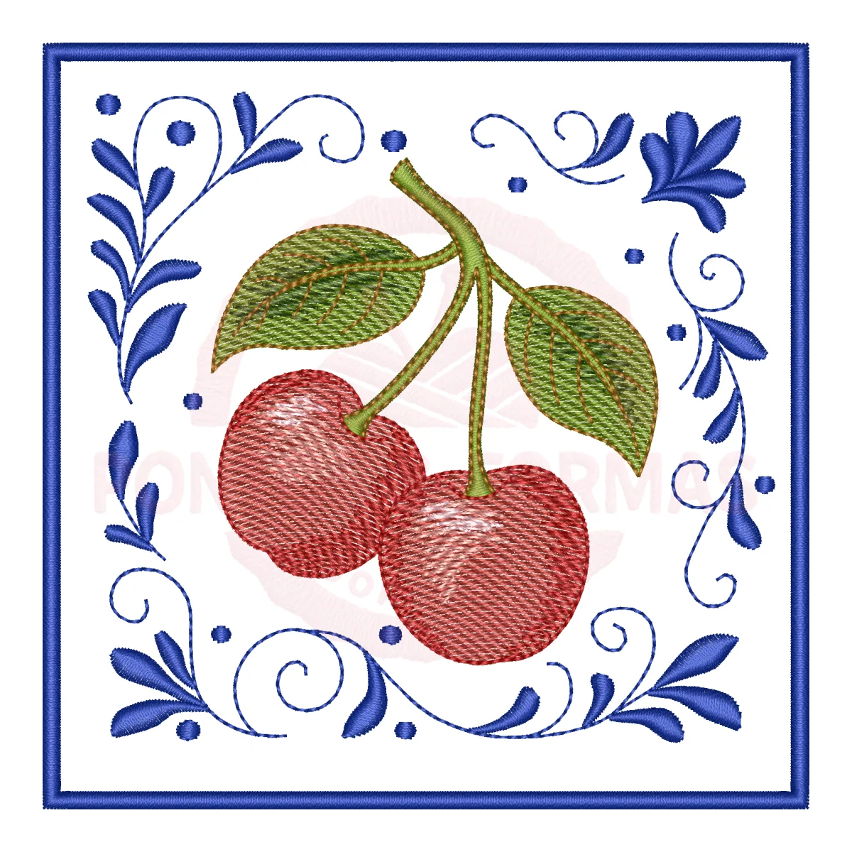 Matriz de Bordado Cerejas Delicadas com Moldura Floral - Pontos Leves